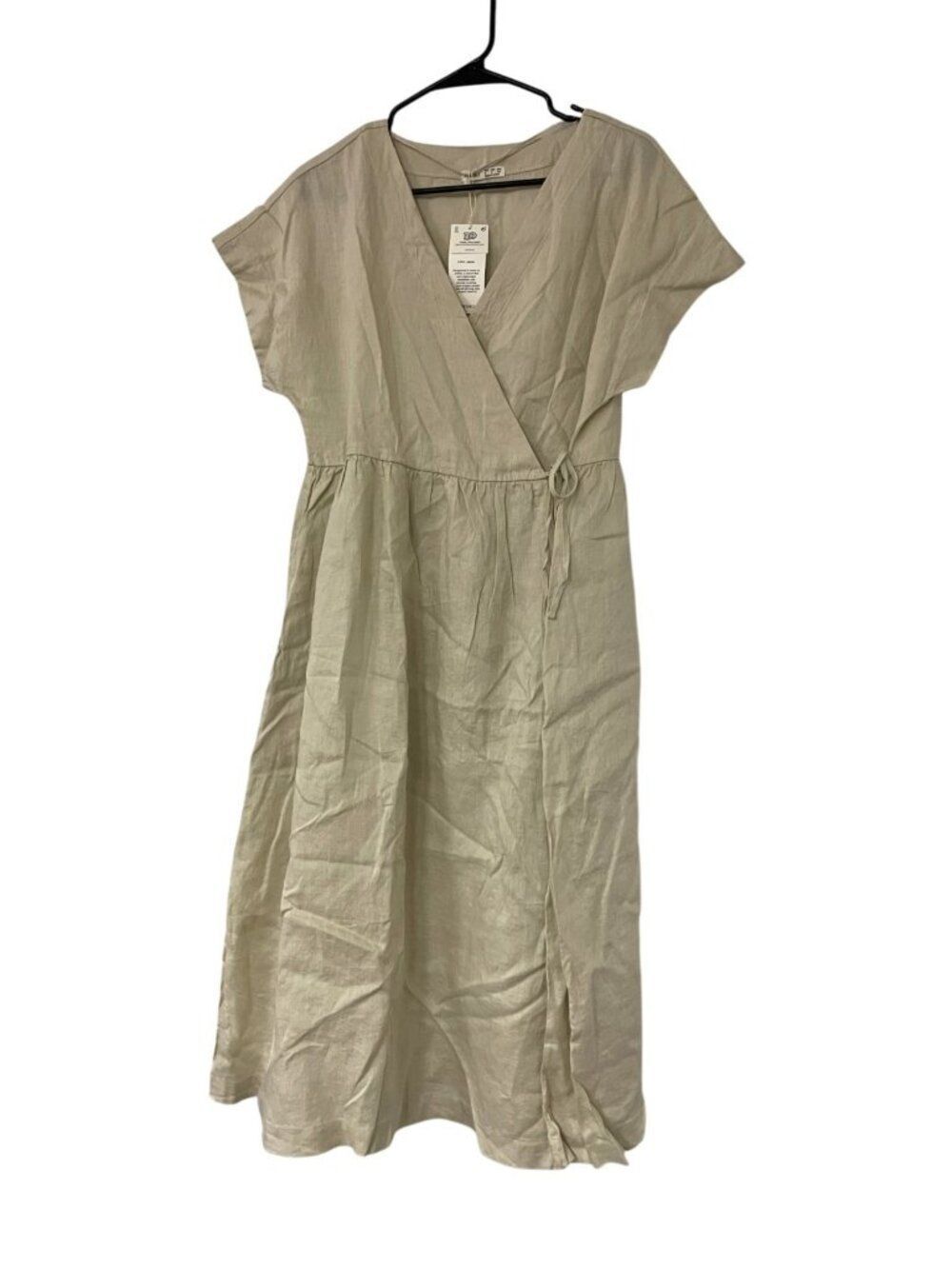 Oysho Womens Wrap Dress Size S Beige 100% Linen Short Sleeve Midi 0273/457 NWT